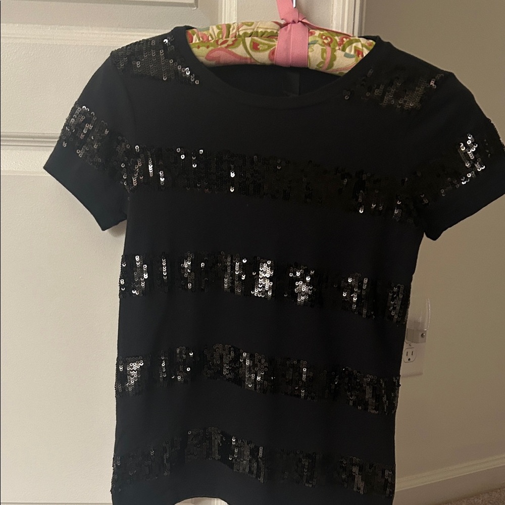 J. Crew Black Sequin Striped Short Sleeve Tee